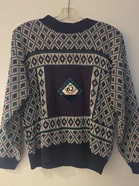Vintage 62 East Sweater Small Navy Teal Diamond Knit Grandpa Coogi Style
